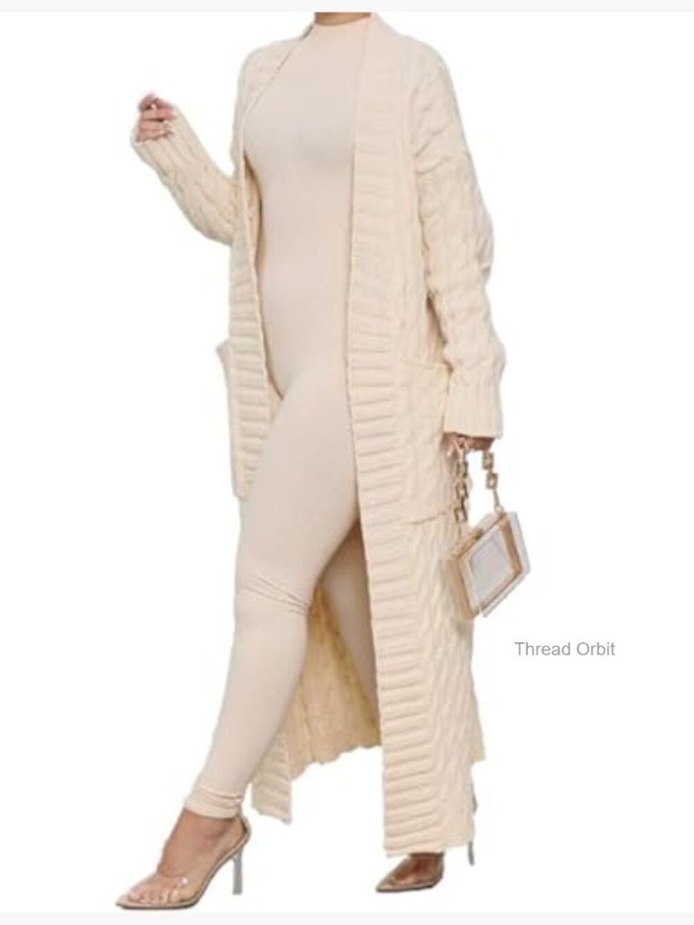 Chunky Cable Knit Open Front Cardigan with Pockets Long Maxi - Picture 2 of 5